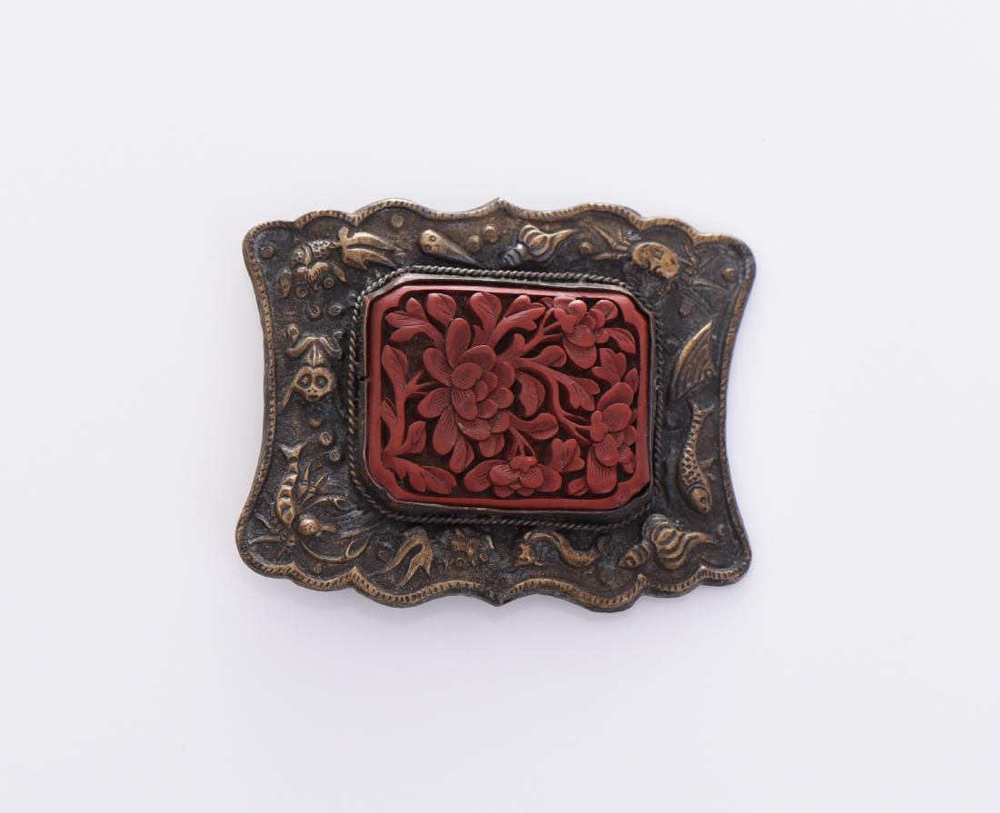 18th Century Bronze Cinnabar Robe Buckle: 18th Century Bronze Cinnabar Robe Buckle Clasp. Estimated more than 200 yrs old. Chinese art is visual art that, whether ancient or modern. Early "stone age art" dates back to 10,000 BC, mostly consis