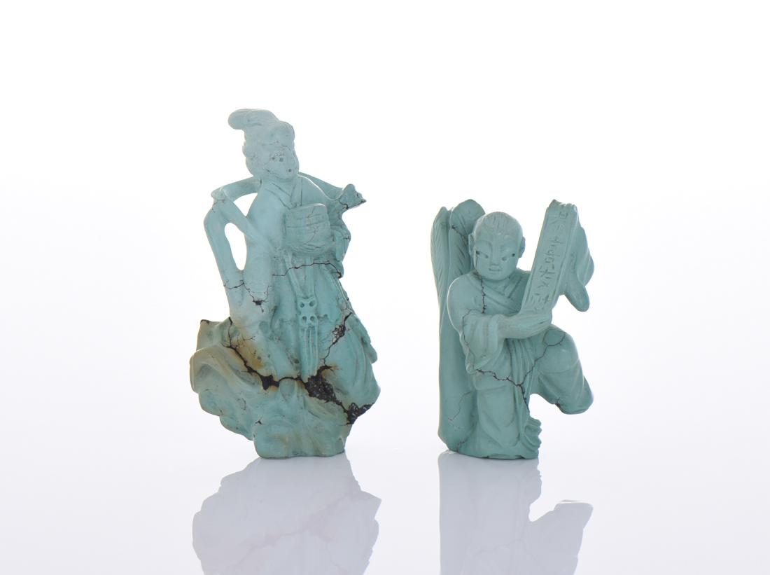 Two Turquoise Carvings.: Two Turquoise Carvings. Estimated more than 75 yrs old. Chinese art is visual art that, whether ancient or modern. Early "stone age art" dates back to 10,000 BC, mostly consisting of simple pottery an