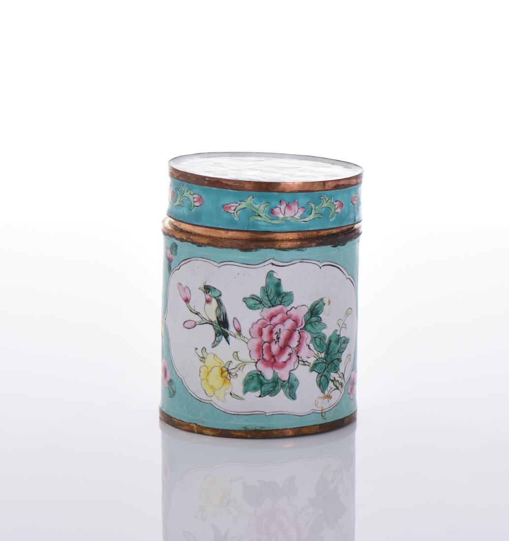 Enamel Porcelain Metal Container: Enamel Porcelain Metal Container. Estimated more than 75 yrs old. Chinese art is visual art that, whether ancient or modern. Early "stone age art" dates back to 10,000 BC, mostly consisting of simple