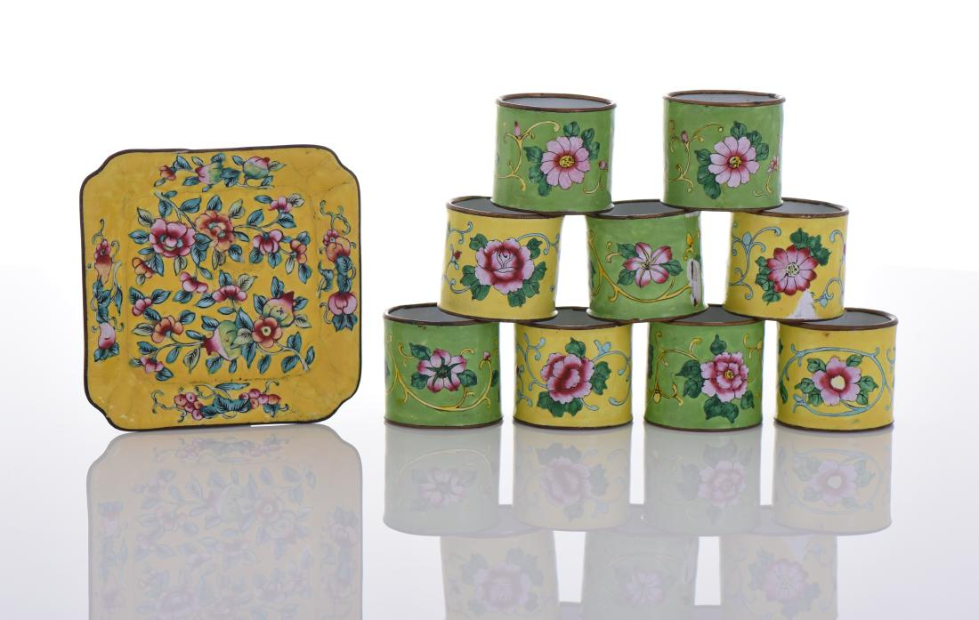 Enameled Bronze Plate And Napkin Rings.: Enameled Bronze Plate And Napkin Rings. Estimated more than 50 yrs old. Chinese art is visual art that, whether ancient or modern. Early "stone age art" dates back to 10,000 BC, mostly consisting of s