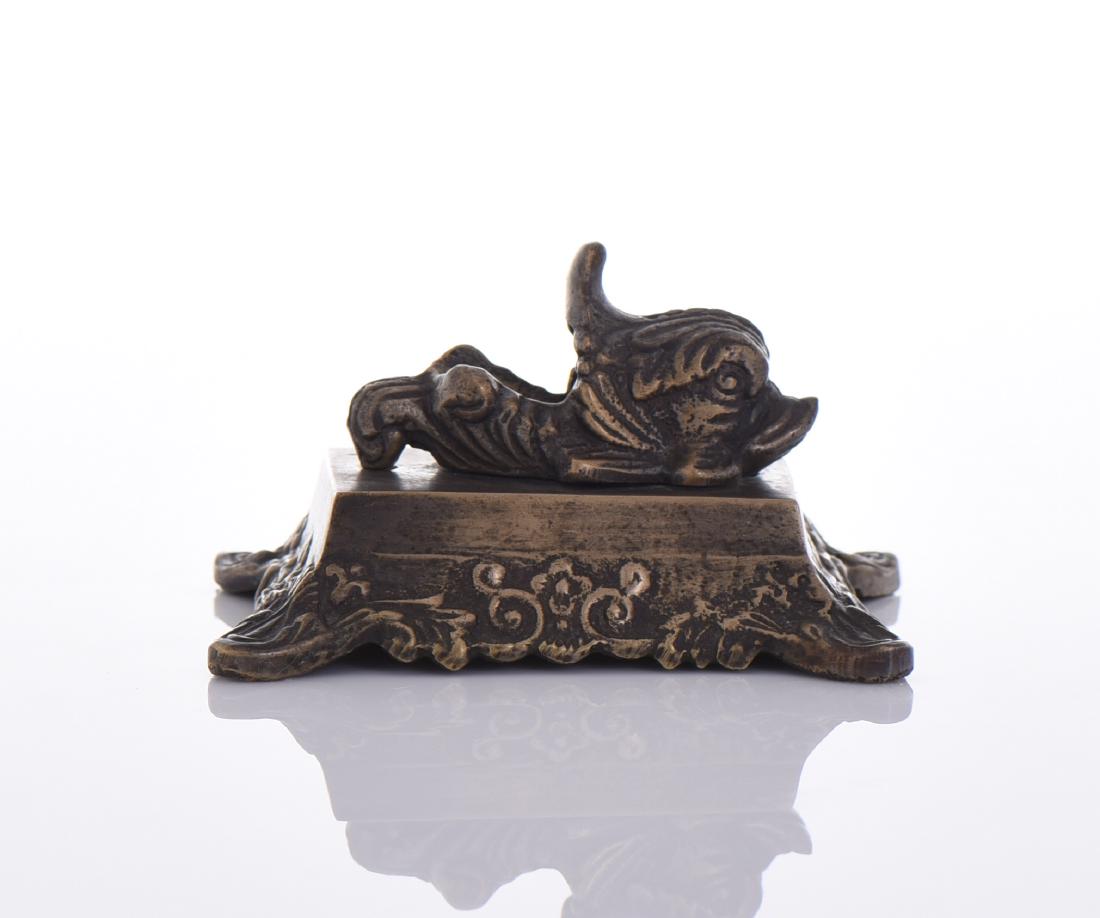 Bronze Dolphin Fish Pen Holder: Bronze Dolphin Fish Pen Holder. Estimated more than 75 yrs old. Chinese art is visual art that, whether ancient or modern. Early "stone age art" dates back to 10,000 BC, mostly consisting of simple po