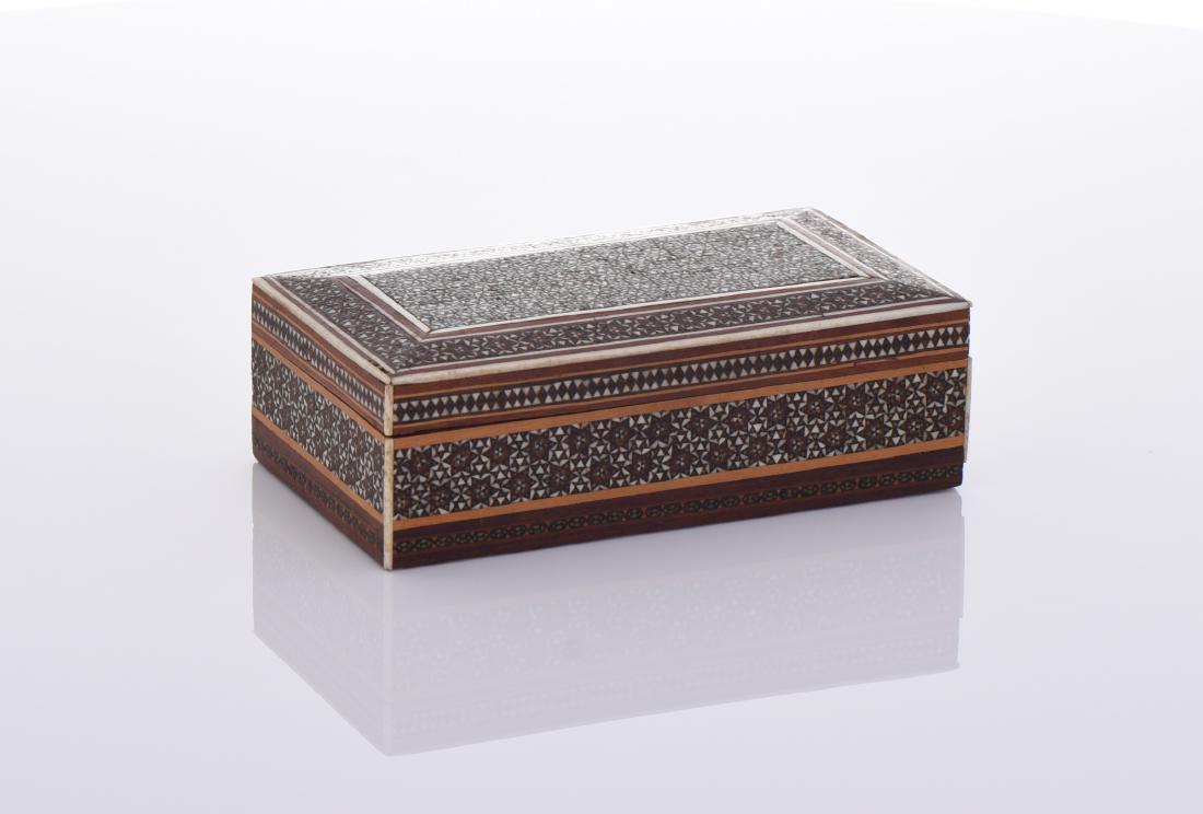 Syrian inlaid hand made marquetry micro mosaic: Syrian inlaid hand made marquetry micro mosaic jewelry box. Inlaid with Mother of Pearl and Bone. Estimated more than 75 yrs old. Fine Art. Size and weight is provided in the last photo of this lot if