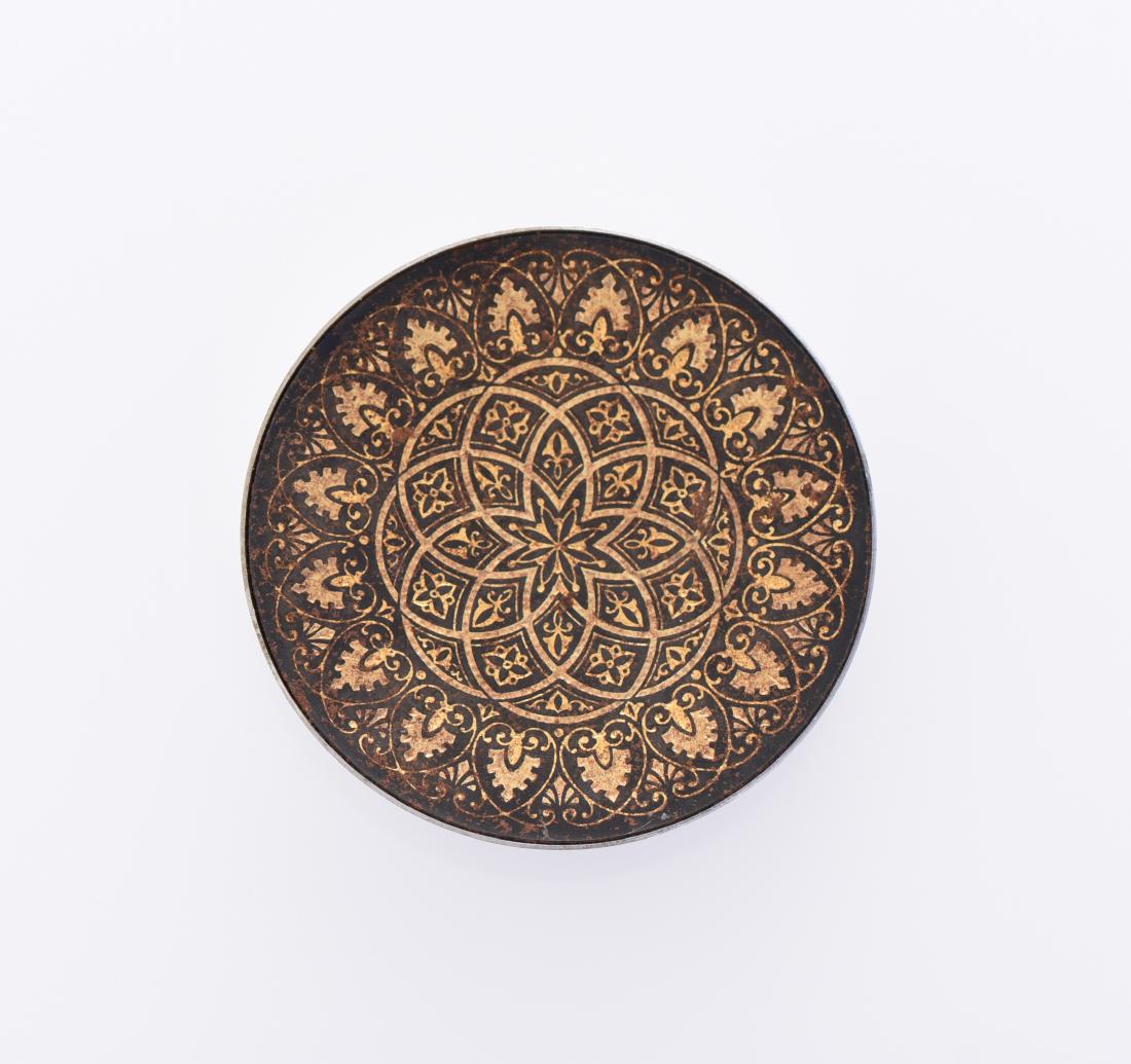 Syrian Gold Damascene Footed Dish: Syrian Gold Damascene Footed Dish. Estimated more than 75 yrs old. Fine Art. Size and weight is provided in the last photo of this lot if not written within the lot description. All photos represent t