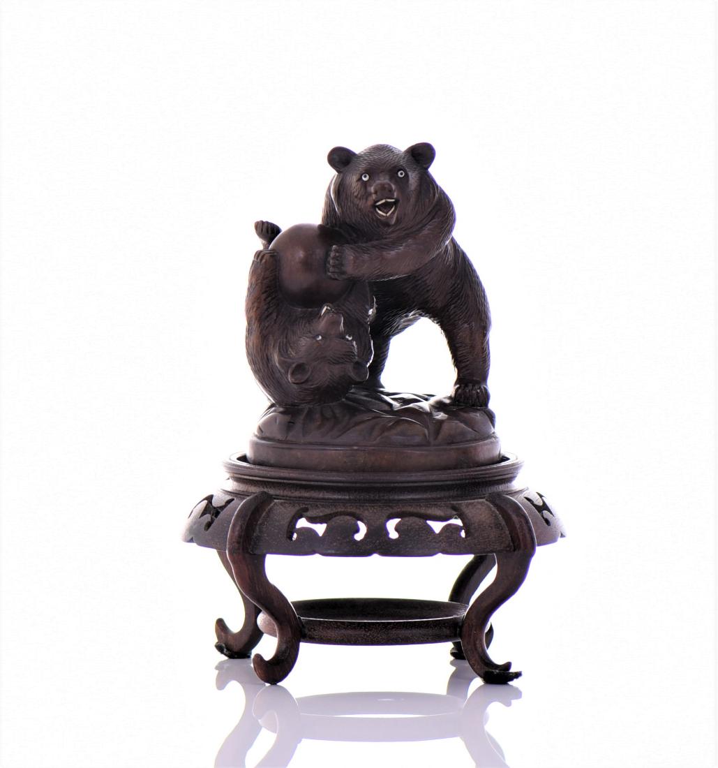 Solid Wood Circus Bears Fighting: Solid Wood Circus Bears Fighting Over A Ball. Wood Sculpture Has Glass Eyes And Bone Teeth And Rests Atop An Antique Carved Stand. Estimated more than 100 yrs old. Japanese art covers a wide range of 
