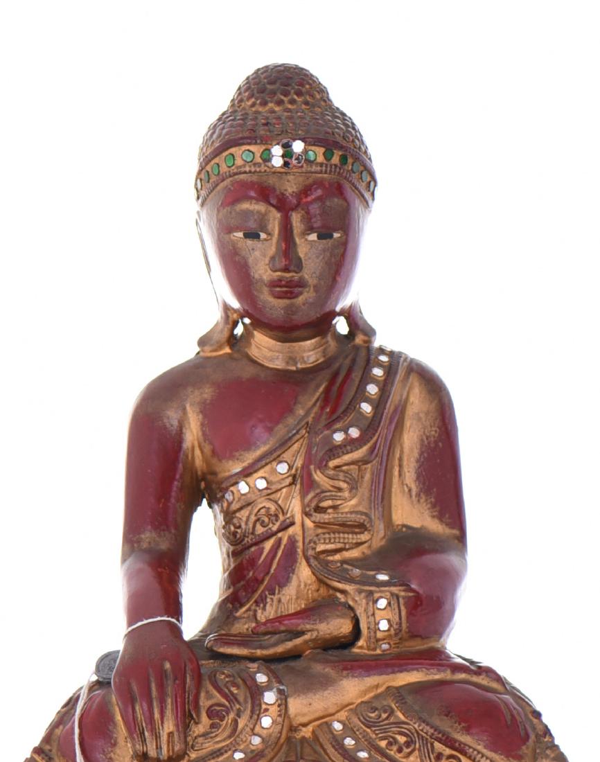 Red Lacquer And Gold Gilt Wood Seated Buddha: Red Lacquer And Gold Gilt Wood Seated Buddha, Has Original Export Tag. Estimated more than 75 yrs old. Southeast Asia is a sub region of Asia, consisting of the countries that are geographically south