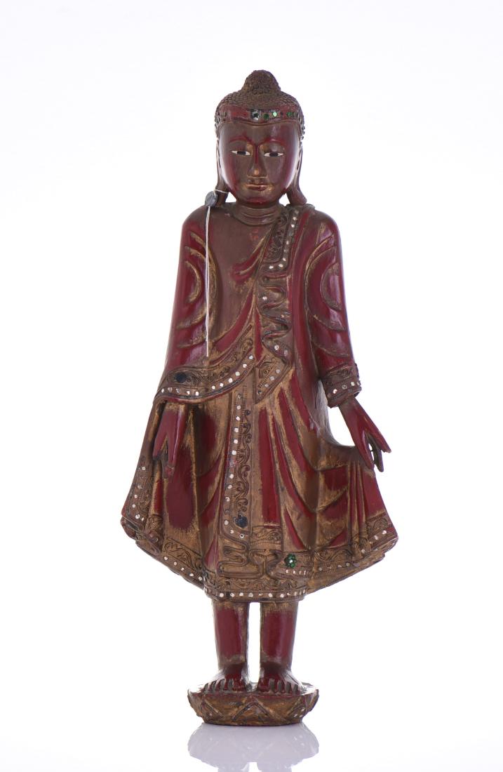 Red Lacquer And Gold Gilt Wood Standing Buddha (1 of 8)