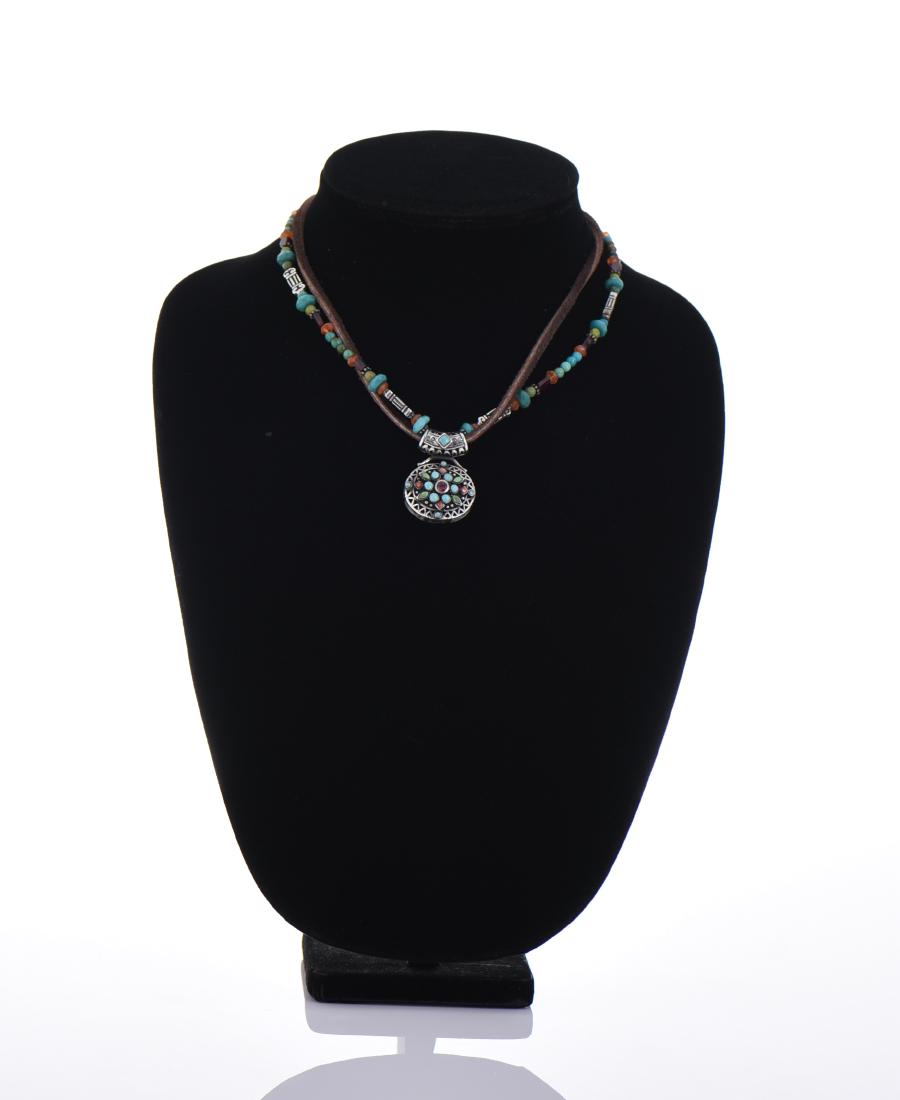 Sterling Silver With Turquoise, Malachite: Sterling Silver With Turquoise, Malachite, Amber, and Garnet Leather Necklace Estimated less than 50 yrs old. 925 Sterling Silver consisting of 92.5% silver and 7.5% copper. Tested Positive using Nitr
