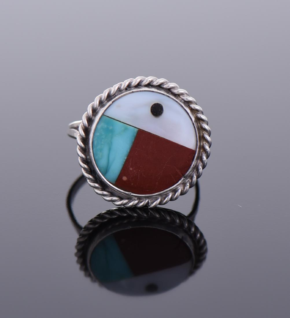 Zuni Sterling Silver Red Coral, Blue Turquoise Ring (1 of 4)