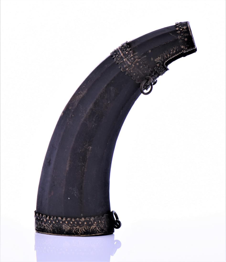 Indo-Persian Mughal Barutdan military: Indo-Persian Mughal Barutdan military gun powder flask carved from horn and adorned with brass engravings and pressed designs at both ends. The Mughal or Mogul Empire was based in the Indian subcontin