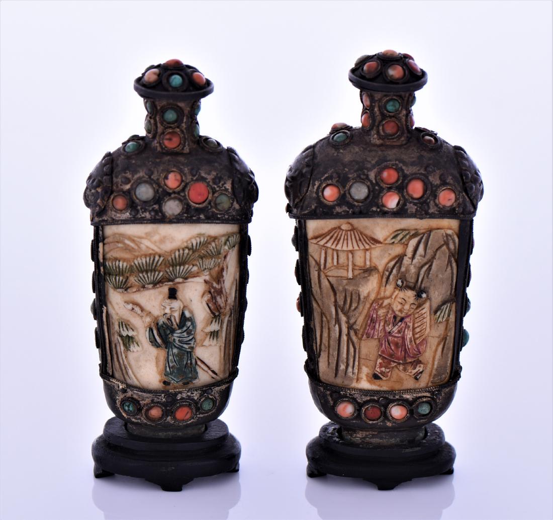 Two 19th Century Sino Tibetan Snuff Bottle: Two 19th Century Sino Tibetan Snuff Bottle And Stoppers With Carved Bone, Red Coral And Blue Turquoise. Estimated more than 100 yrs old. Tibetan artists have played a key role in the cultural life of