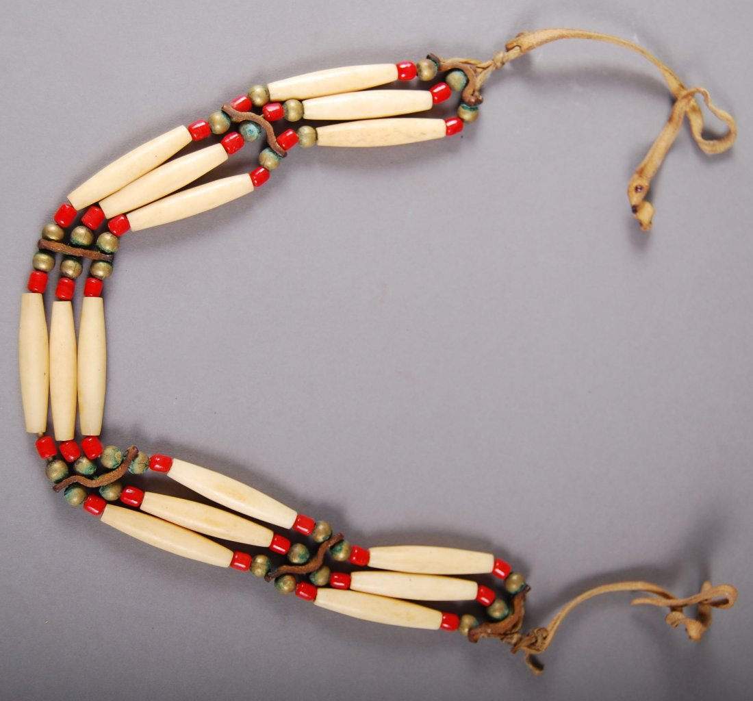 Native American Indian c. 1950, Choaker (Bone, Bronze B: Native American Indian c. 1950, Choaker (Bone, Bronze Balls, Red Beads) [Height/Length (in)= 13, Width (in)=1, Depth (in)=0.25, Weight (oz)=2.2] With C.O.A. signed by Chief Joe Dan Osceola & Seminole 