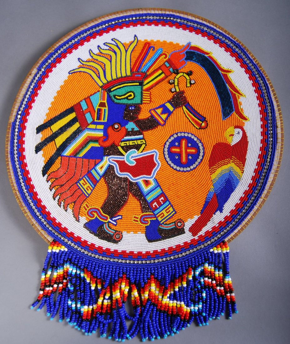 Vintage Native American Indian Heavily Beaded Ritual: Vintage Native American Indian Heavily Beaded Ritual Shield [Height/Length (in)= 17.5, Width (in)=14.5, Depth (in)=0.75, Weight (lbs)=1.5] With C.O.A. signed by Chief Joe Dan Osceola & Seminole Tribe.
