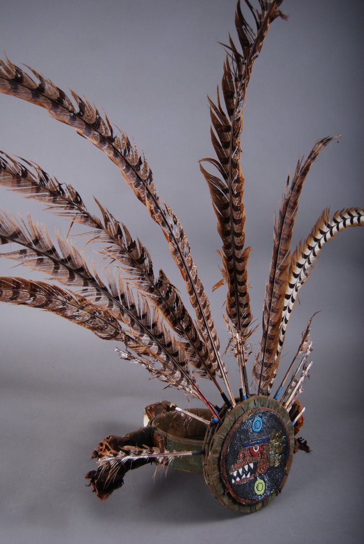 Native American Indian, Beaded Head Dress Circa 1920.: Native American Indian, Beaded Head Dress Circa 1920. Believed to be updated with parrot skul at later date (Feathers for effect only - not included unless requested) [Height/Length (in)= 17, Width (i