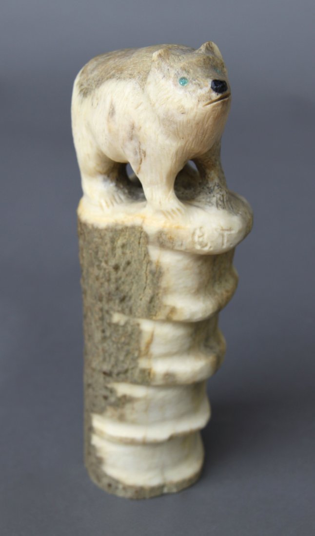 Bear Bone Ceremonial with Red Coral Inlay: Bear Bone Ceremonial with Red Coral Inlay [Height/Length (in)= 7, Width (in)=3, Depth (in)=2, Weight (lbs)=0.5] With C.O.A. signed by Chief Joe Dan Osceola & Seminole Tribe.