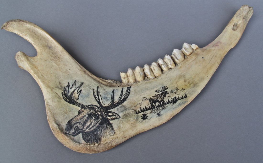 Scrimshaw Like Jawbone, Painted Design: Scrimshaw Like Jawbone, Painted Design [Height/Length (in)= 17, Width (in)=9.25, Depth (in)=1.5, Weight (lbs)=2] With C.O.A. signed by Chief Joe Dan Osceola & Seminole Tribe.