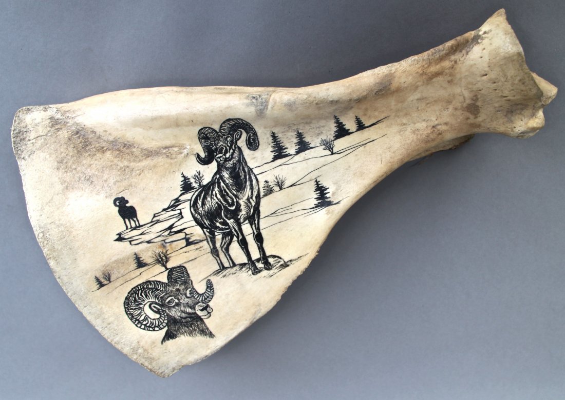 Scrimshaw Like Bone, Painted Design: Scrimshaw Like Bone, Painted Design [Height/Length (in)= 15, Width (in)=10, Depth (in)=2.25, Weight (lbs)=2] With C.O.A. signed by Chief Joe Dan Osceola & Seminole Tribe.