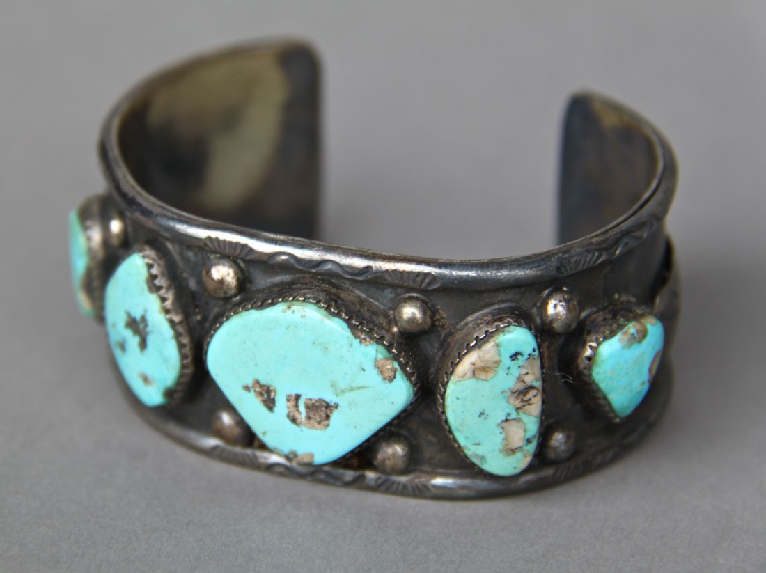Torquoise Sterling Silver Bracelet, Old Pawn, Unsigned: Torquoise Sterling Silver Bracelet, Old Pawn, Unsigned [Height/Length (in)= 2.5, Width (in)=2, Depth (in)=1.25, Weight (lbs)=0.5] With C.O.A. signed by Chief Joe Dan Osceola & Seminole Tribe.