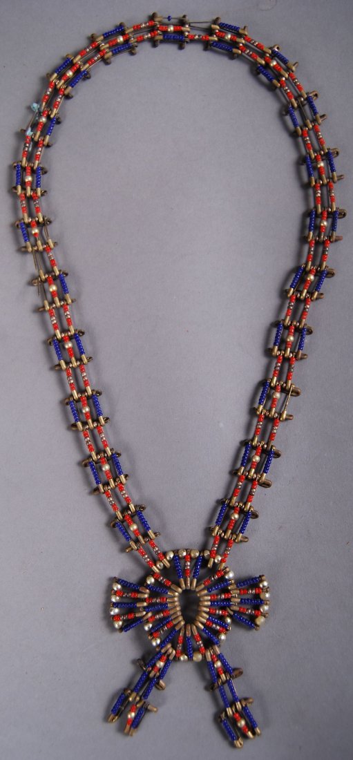 Antique Native American Indian Necklace (Beads & Safety: Antique Native American Indian Necklace (Beads & Safety Pins) Older Indian Tramp Art [Height/Length (in)= 28, Width (in)=N/A, Depth (in)=N/A, Weight (lbs)=0.5] With C.O.A. signed by Chief Joe Dan Osce
