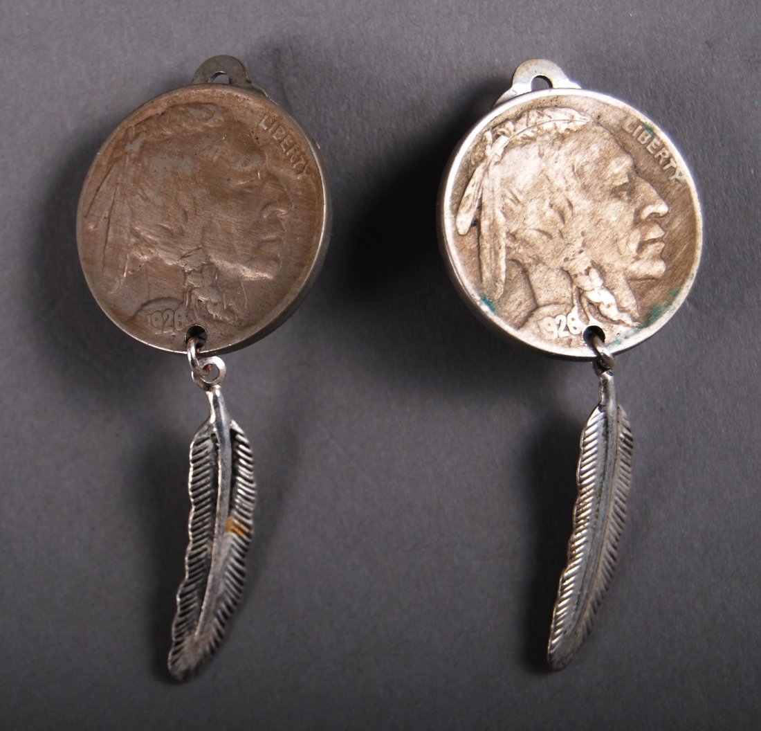 Native American Indian Silver Buffalo Nickel Indian Ear: Native American Indian Silver Buffalo Nickel Indian Earrings [Height/Length (in)= 2, Width (in)=0.75, Depth (in)=N/A, Weight (oz)=0.4] With C.O.A. signed by Chief Joe Dan Osceola & Seminole Tribe.