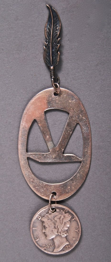 Native American Indian Silver Dime Pendant: Native American Indian Silver Dime Pendant [Height/Length (in)= 3.5, Width (in)=1, Depth (in)=N/A, Weight (lbs)=0.15] With C.O.A. signed by Chief Joe Dan Osceola & Seminole Tribe. .
