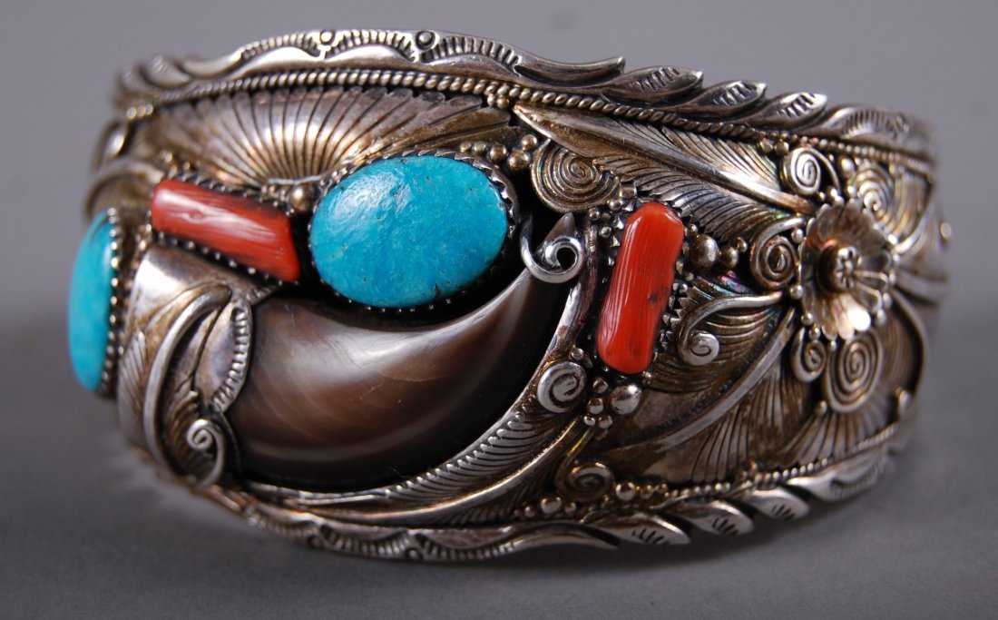 Native American Indian Sterling Silver Bangle with Bea: Native American Indian Sterling Silver Bangle with Bear Claw [Height/Length (in)= 3, Width (in)=2.25, Depth (in)=1.5, Weight (lbs)=1.7] With C.O.A. signed by Chief Joe Dan Osceola & Seminole Tribe.