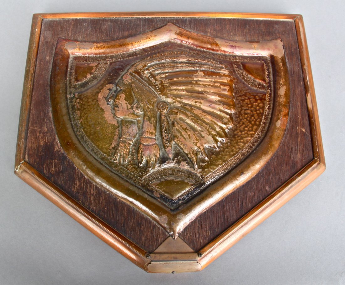 Indian Head Plaque (Diamond shape) 1970's Copper on Woo: Indian Head Plaque (Diamond shape) 1970's Copper on Wood [Height/Length (in)= 12, Width (in)=13.5, Depth (in)=1.25, Weight (lbs)=2] With C.O.A. signed by Chief Joe Dan Osceola & Seminole Tribe.