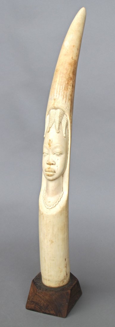 African Carved Ivory Tusk, Man (1 of 2): African Carved Ivory Tusk, Man (1 of 2) [Height/Length (in)= 27.5, Width (in)=3.5, Depth (in)=3, Weight (lbs)=6] With Pangaea Auctions C.O.A.