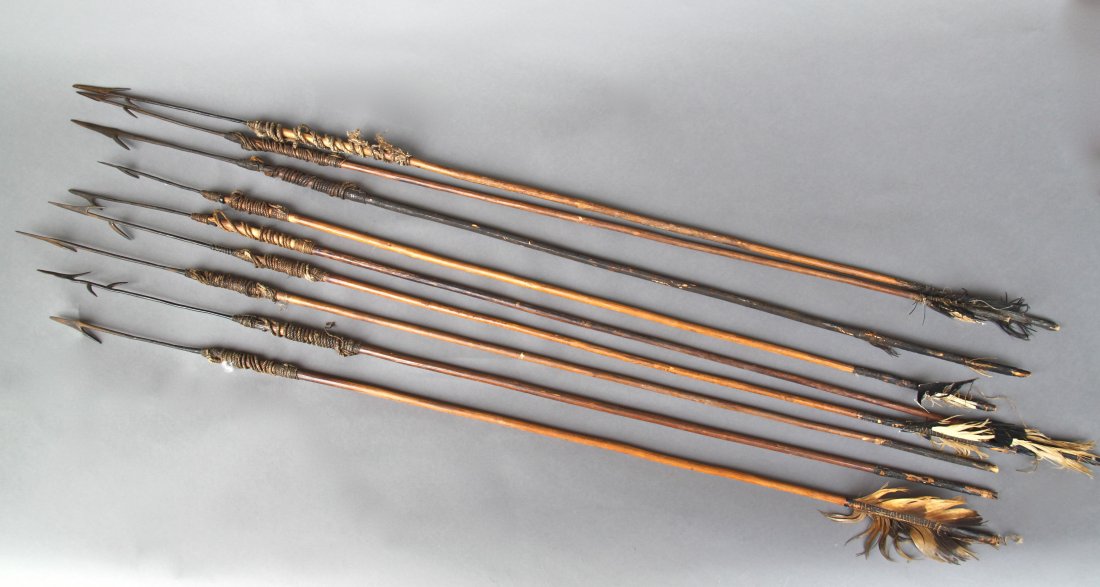 Set of (9) African Spears: Set of (9) African Spears. [Height/Length (in)= 45, Width (in)=1, Depth (in)=N/A`, Weight (lbs)=3] With Pangaea Auctions C.O.A.