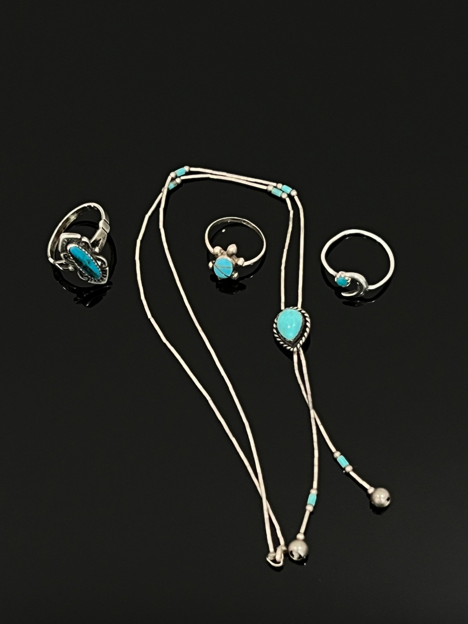 Jewelry Set- Necklace and Ring: Necklace Length 16 inch, Ring Size 7, 6.5, 5 Jewelry Set- Necklace and Ring, Sterling Silver Tested (Stamped 925), Turquoise 11 gram Estimated between 50 and 100 years old.All photos represent the lot