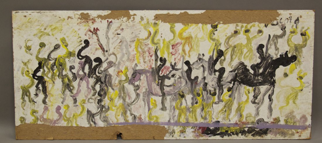 Purvis Young, Good Warriors scene, oil on Masonite. [<: Purvis Young, Good Warriors scene, oil on Masonite. [< 5 (lbs), 16 (in), 36 (in)]