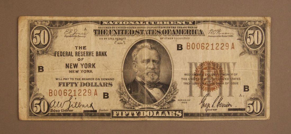 1929 U.S. Fifty Dollar Bill. Stamped "The Federal Rese: 1929 U.S. Fifty Dollar Bill. Stamped "The Federal Reserve Bank of New York".