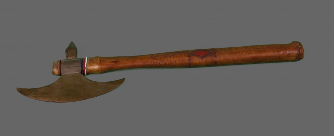 Brass Hatchet c. 19th Century, Native American Indian.: Brass Hatchet c. 19th Century, Native American Indian. Metal head with wood handle and hand stitched leather covering. Certificate of Authenticity, Chief Osceola of Seminole Tribe.