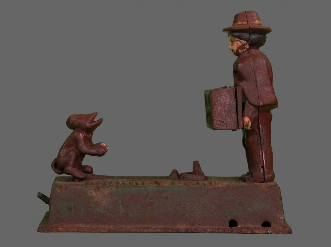 Antique Monkey Bank, early 1900's. Place a coin in the: Antique Monkey Bank, early 1900's. Place a coin in the monkey's mouth and press the lever, he jumps and deposits the coin into the organ. To reset, move the monkey to his original position. Fully func