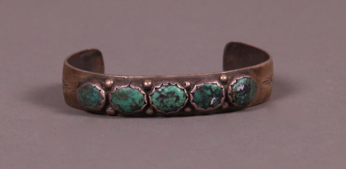 Native American Antique Silver & Turquoise Bracelet.: Native American Antique Silver & Turquoise Bracelet. Signed "PM".