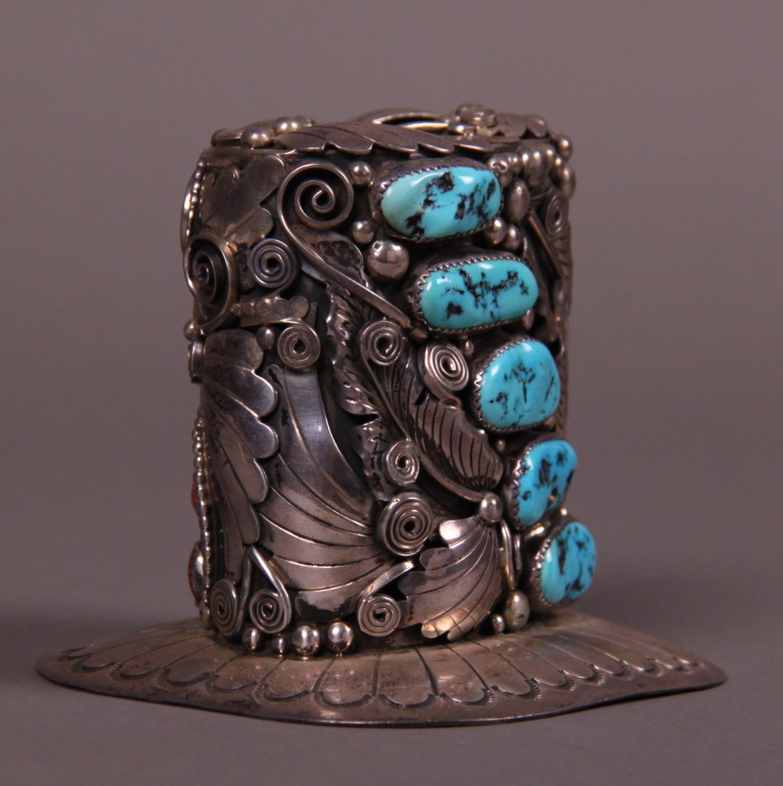Native American Antique Silver & Turquoise Lighter with: Native American Antique Silver & Turquoise Lighter with red stones. Amazing silver work. Stamped and signed.