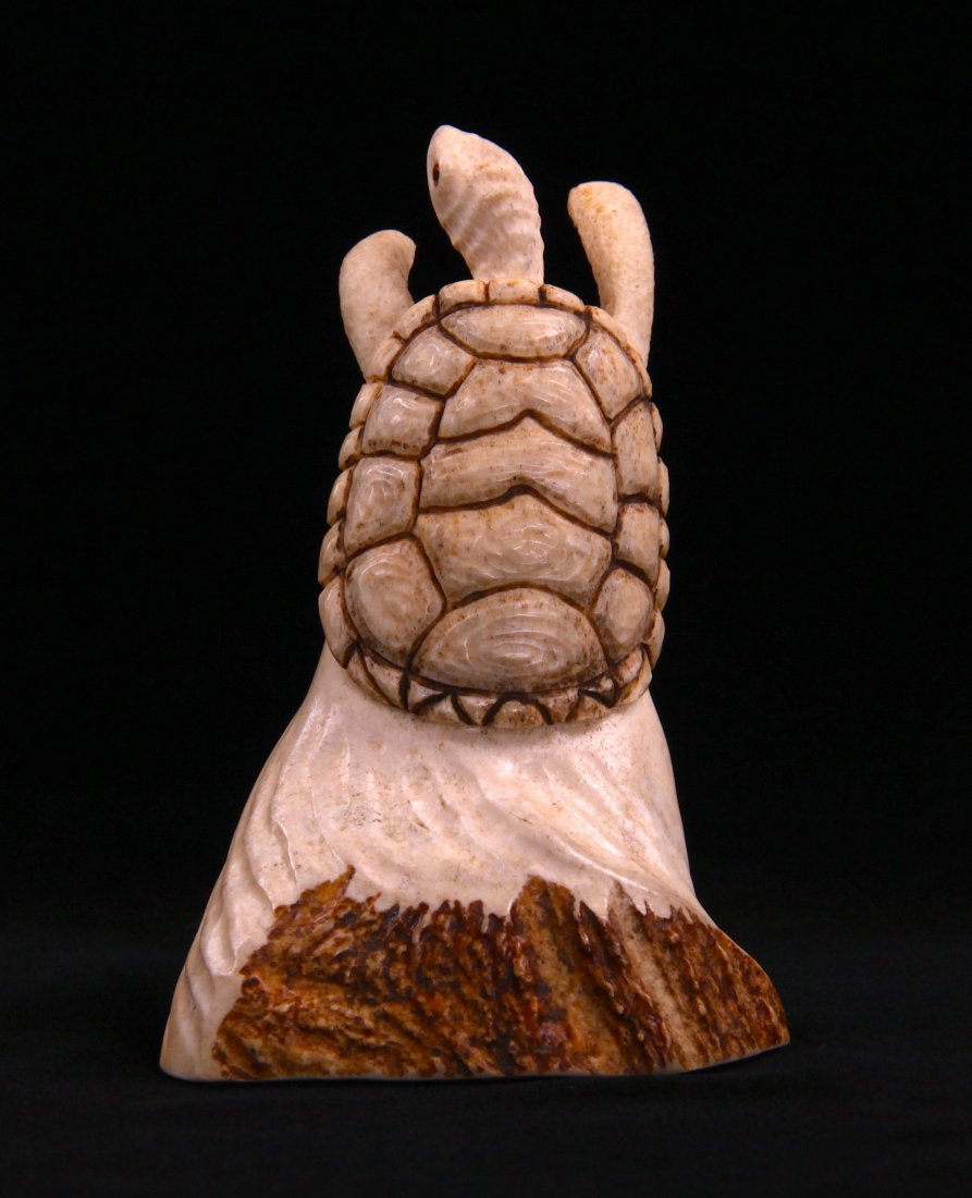 Stan Hill Carved Turtle Riding a Wave. A fine carving: Stan Hill Carved Turtle Riding a Wave. A fine carving from bone. Stan Hill was a Native American carver know for intricate his carving of materials such as antler and bone. Signed on the bottom "Stan