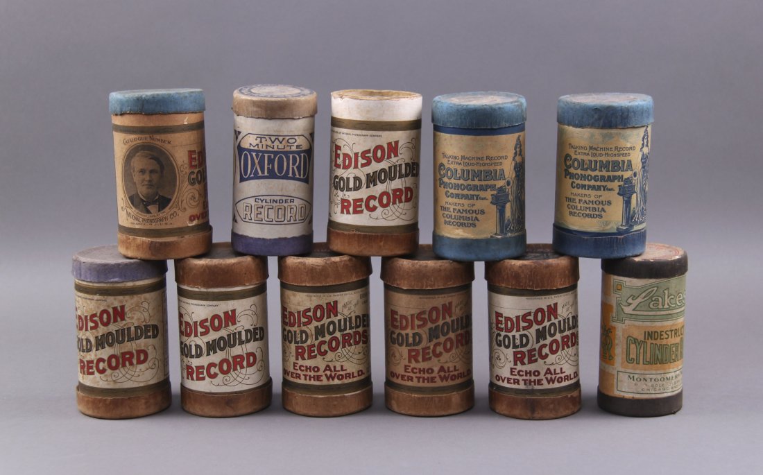 Phonograph Cylinder Records from Edison, Oxford,: Phonograph Cylinder Records from Edison, Oxford, Columbia, and Lakes maker. Original packaging complete with lids. Condition Report: One record lid is missing. (Size: See last photo for measurement.) 