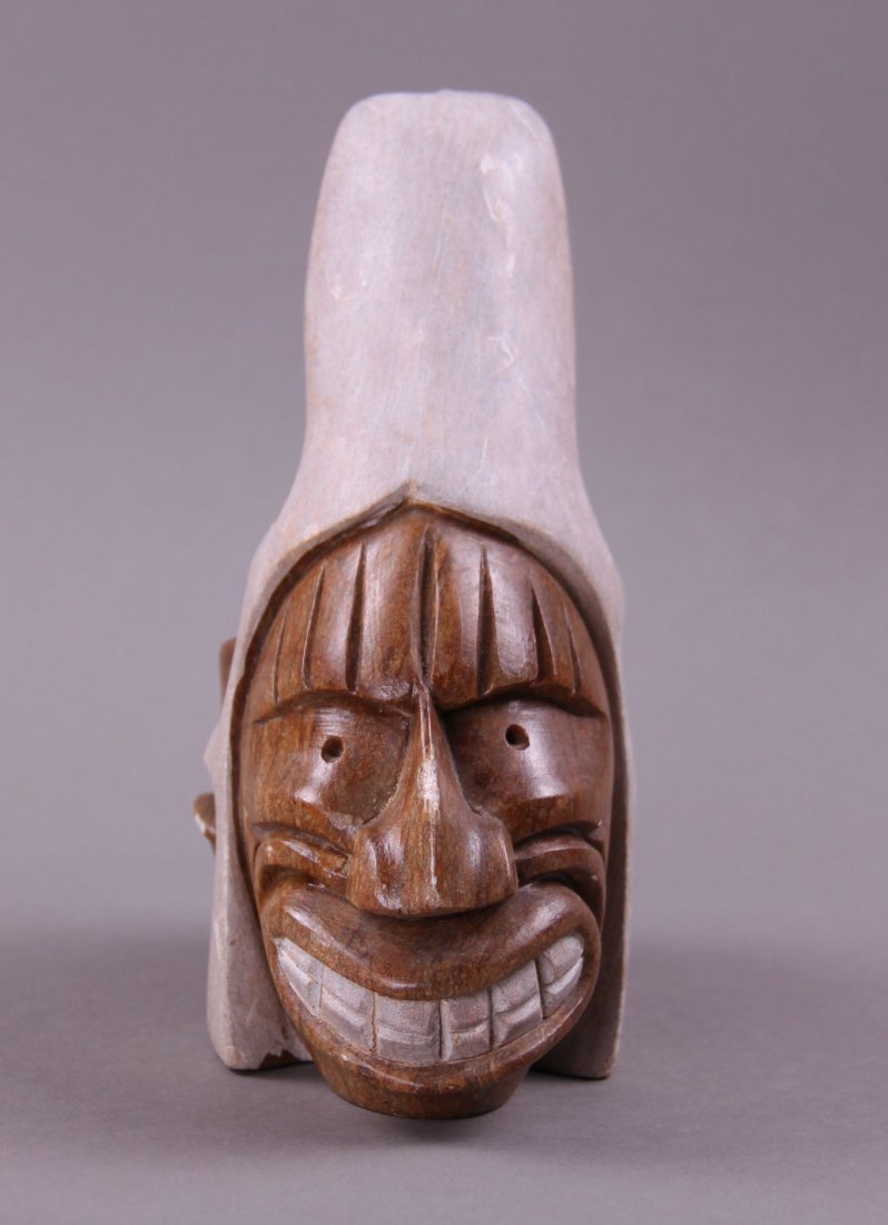 Shawn Thomas stone carving of warrior with eagle: Shawn Thomas stone carving of warrior with eagle headdress atop of Indian Corn. Iroquois Tribe, Ohsweken Ontario Canada.(Size: See last photo for measurement.) Photos are part of the description repre