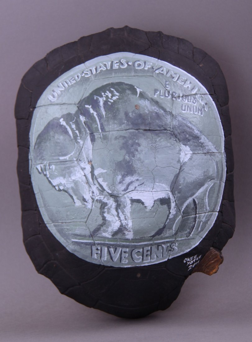 Native American hand painted turtle shell of a Buffalo: Native American hand painted turtle shell of a Buffalo Nickel signed, "Okee Yatee 2011"(Size: See last photo for measurement.) Photos are part of the description representing the condition report. Pan