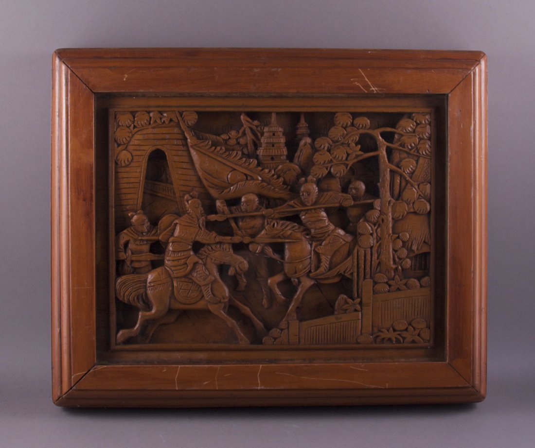 Early 1900's Chinese wood carving with silk backing.: Early 1900's Chinese wood carving with silk backing and carved from a single piece of wood. Wood framed in glass. (Size: See last photo for measurement.) Photos are part of the description representin