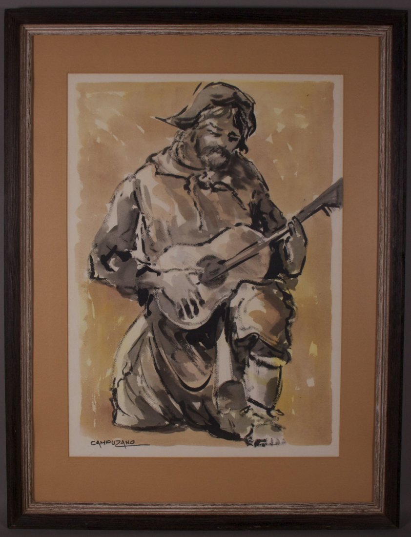 Jose Luis Campuzano (1918-1979), Man Playing Guitar.: Jose Luis Campuzano (1918-1979), Man Playing Guitar. Watercolor. 31.75 inches x 24.25 inches x 1.75 inches. Photos are part of the description representing the condition report. Pangaea Auctions urges