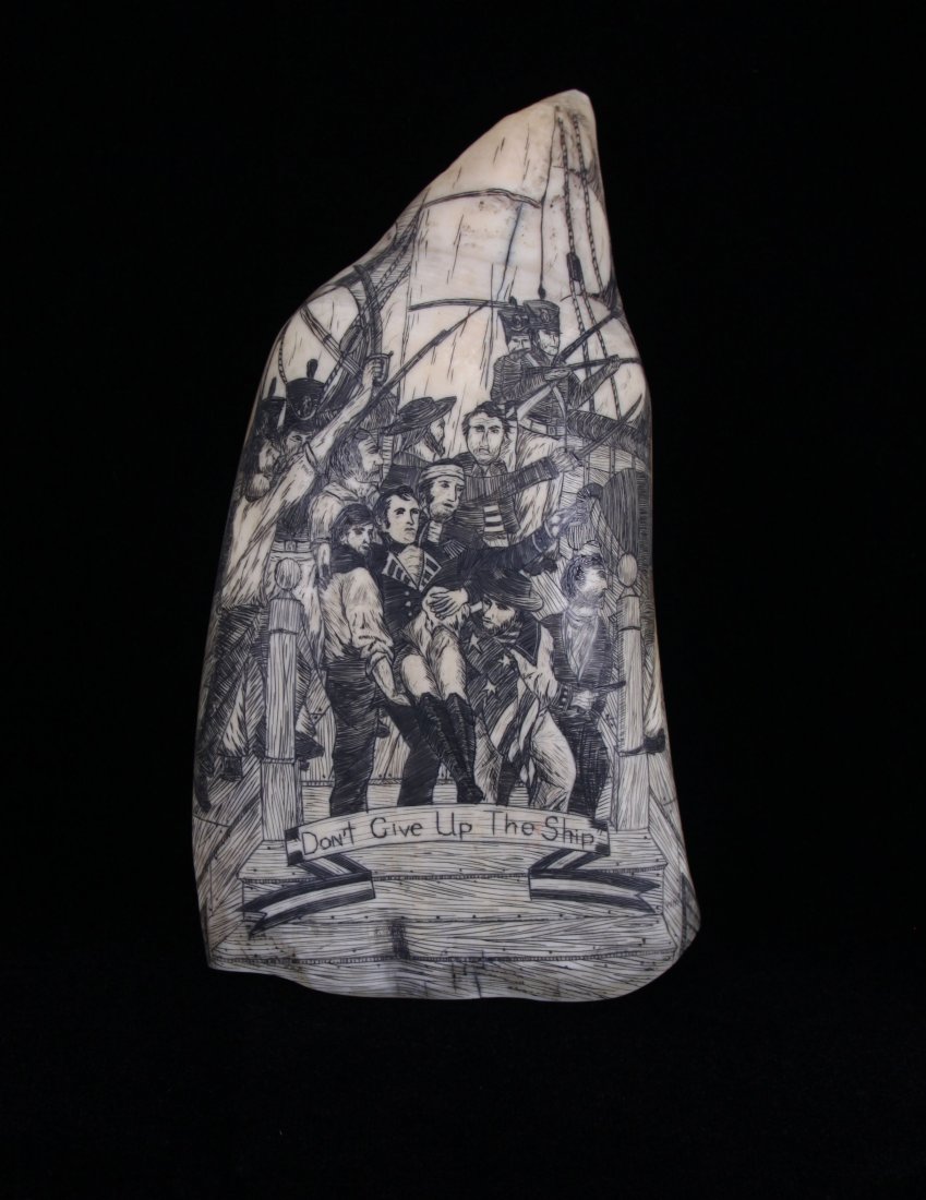 A Late 19th/Early 20th Century extremely rare scrimshaw: A Late 19th/Early 20th Century extremely rare scrimshaw Whale Tooth commemorating the War of 1812 with Captain James Lawrence, commanding the USS Chesapeake, mortally wounded in June 1812, and who ori