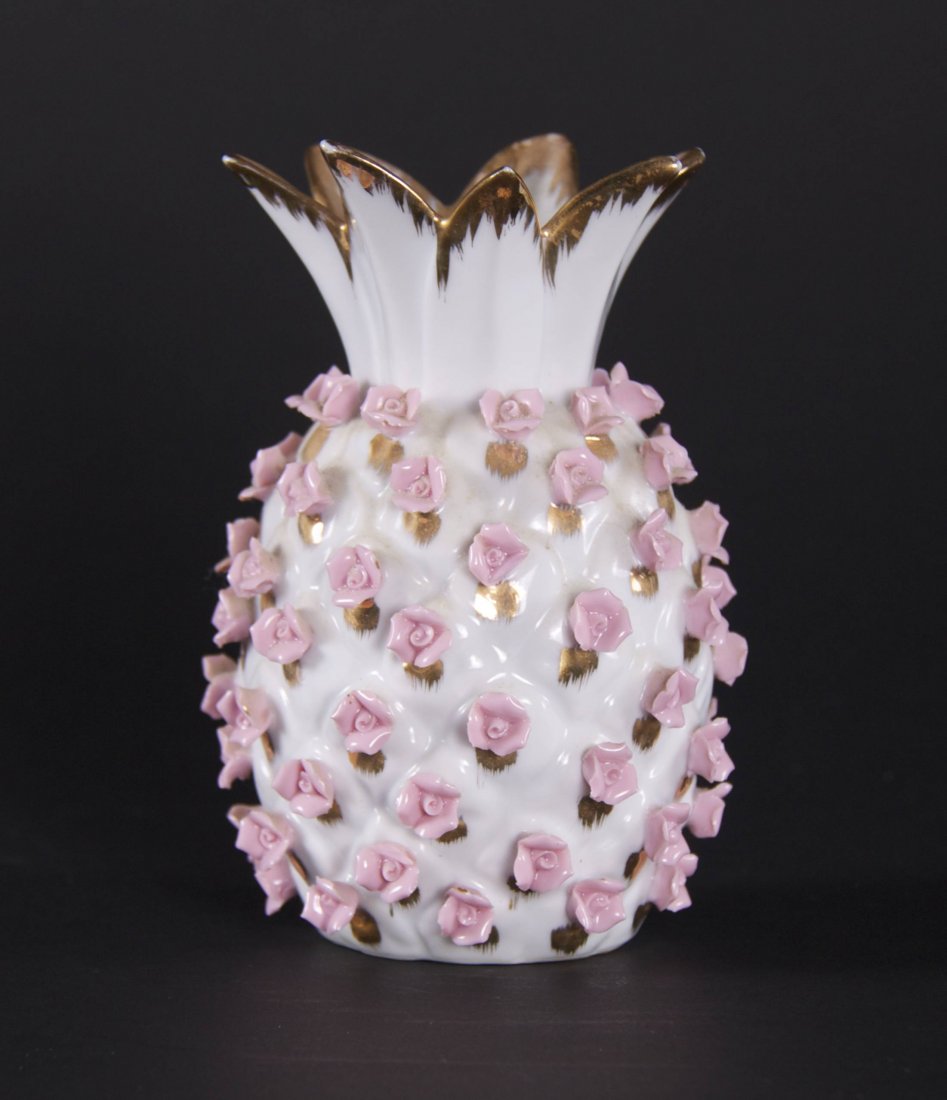 Lefton hand painted fine china rose covered pineapple: Lefton hand painted fine china rose covered pineapple vase. Marked "KW7283". (Size: See second photo for measurement.) Photos are part of the description representing the condition report. Pangaea Auc