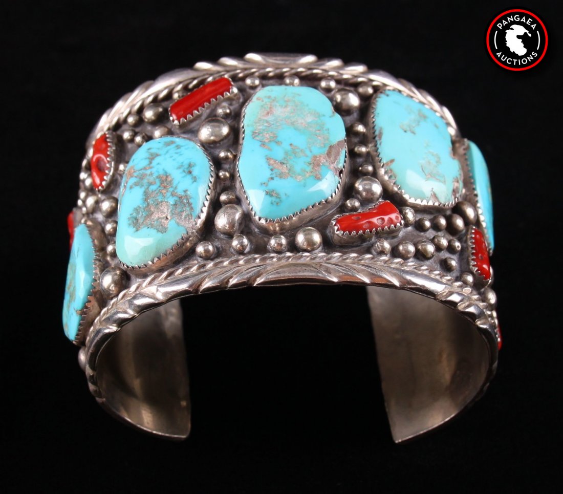 Antique Native American sterling silver bracelet with: Antique Native American sterling silver bracelet with red coral and turquoise gemstones. SIZE: see attached ruler photo. Photos are part of the description representing the condition report and can be