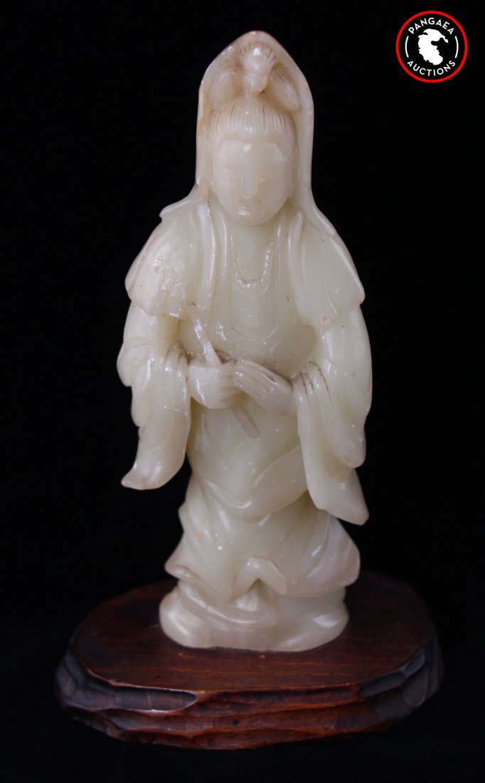 Antique Asian jade/stone figure of goddess on hand-car: Antique Asian jade/stone figure of goddess on hand-carved wooden base. SIZE: see attached ruler photo. Photos are part of the description representing the condition report and can be used for authenti