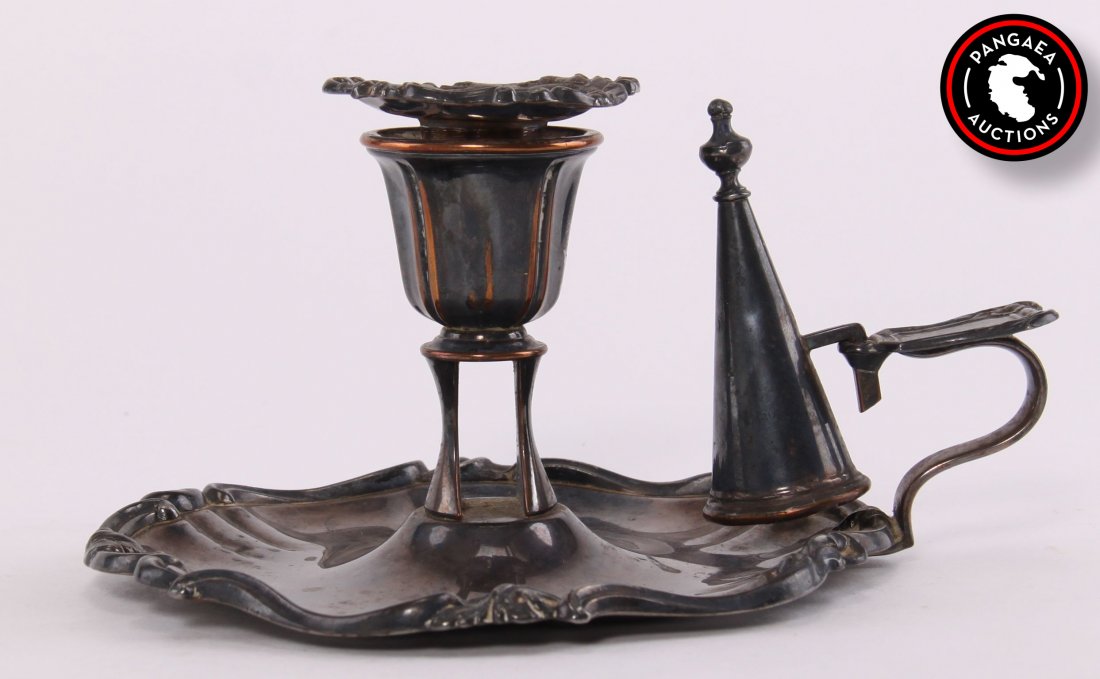 Antique silver plated Candle-holder and Snuffer SIZE:: Antique silver plated Candle-holder and Snuffer SIZE: see attached ruler photo. Photos are part of the description representing the condition report and can be used for authentication prior to the auc