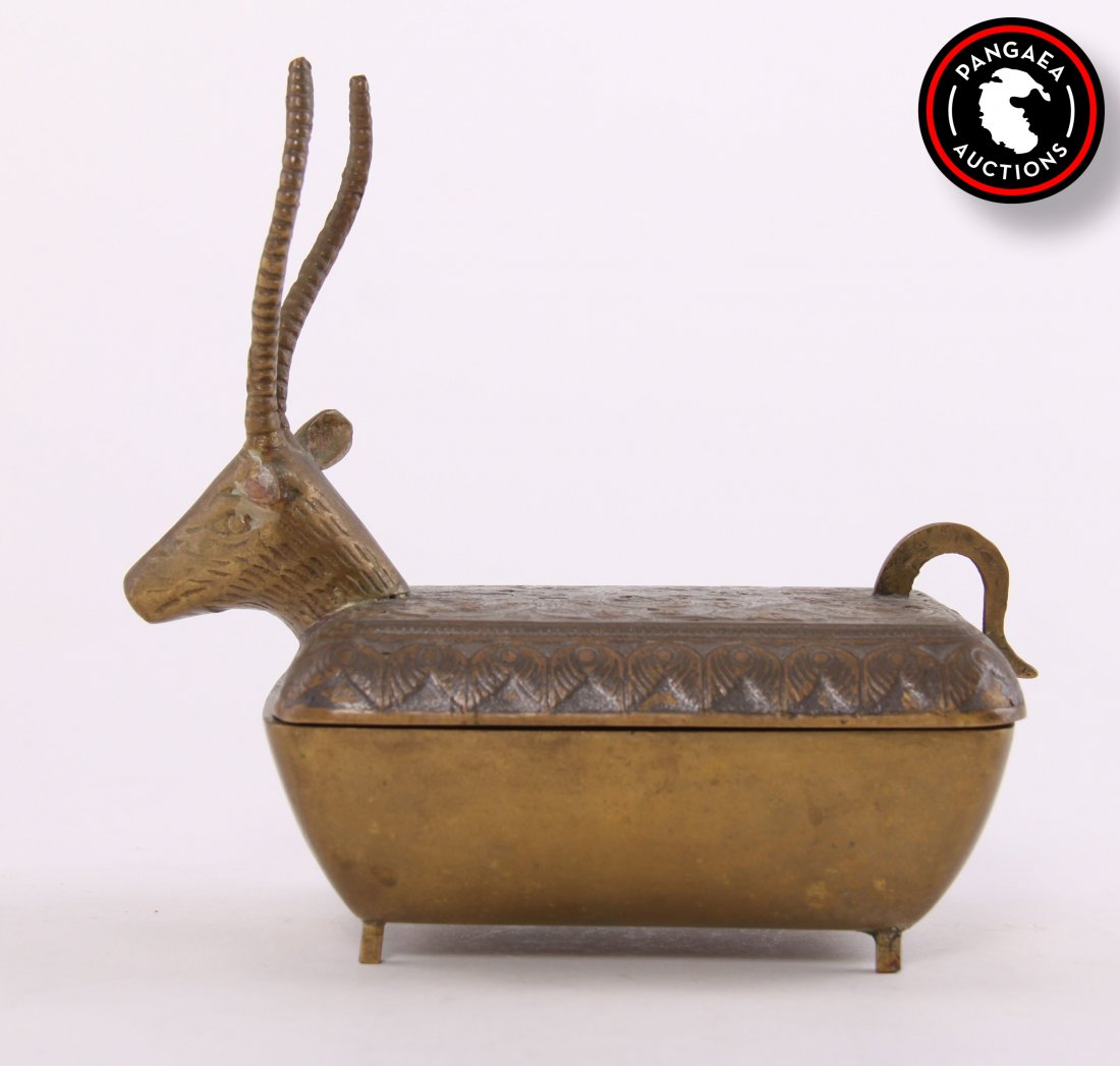 Antique Brass Antelope storage box with intricate: Antique Brass Antelope storage box with intricate inlay. SIZE: see attached ruler photo. Photos are part of the description representing the condition report and can be used for authentication prior t