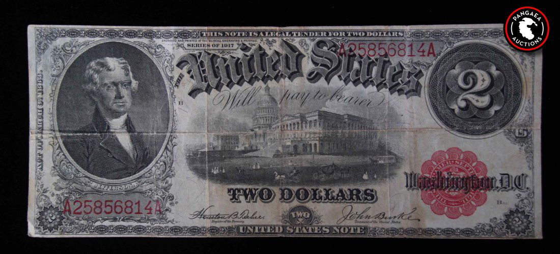 Antique U.S. currency. Two Dollar Bill with Portrait of: Antique U.S. currency. Two Dollar Bill with Portrait of Thomas Jefferson. SIZE: see attached ruler photo. Photos are part of the description representing the condition report and can be used for authe