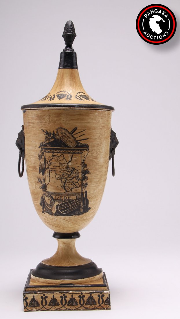 Vintage Italian hand painted metal urn. SIZE: see: Vintage Italian hand painted metal urn. SIZE: see attached ruler photo. Photos are part of the description representing the condition report and can be used for authentication prior to the auction dat