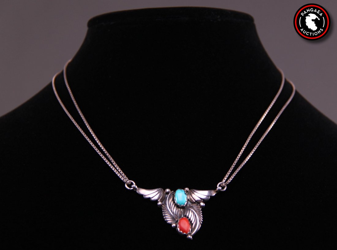 Native American red coral and turquoise pendant: Native American red coral and turquoise pendant sterling silver necklace signed "AJ". (Size: See last photo for measurement.) Photos are part of the description representing the condition report. Pang